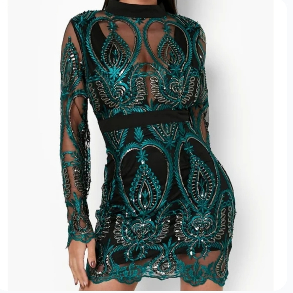 CBR Emerald Sequin Lace Mini Dress Small